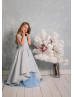 Sky Blue Jacquard Tulle Keyhole Back Flower Girl Dress